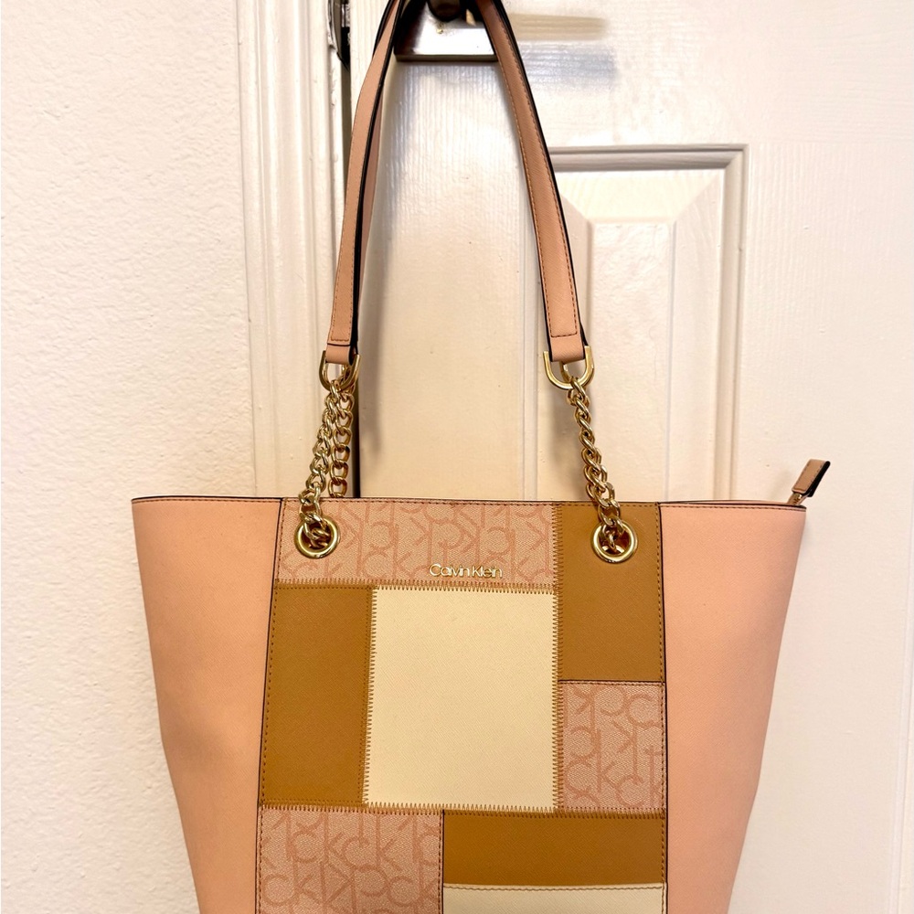 Calvin Klein Patchwork Tote in Pink and Tan with Gold Chains
